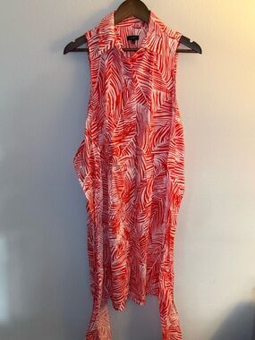 Talbots Orange Leaf-Print Sleeveless Tie-Waist Dress